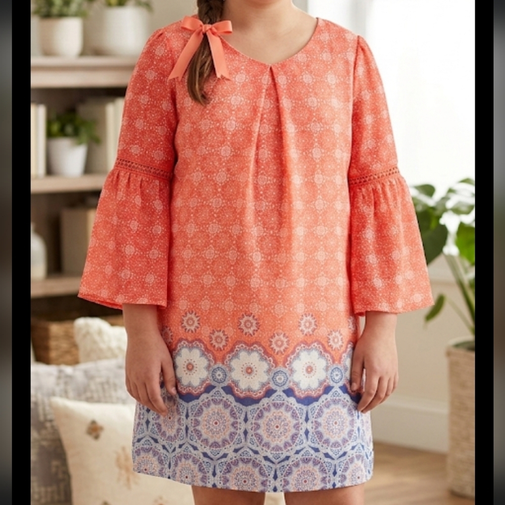 Amy Byer Girls Sz 16 Boho Print Dress Lined with Print Sheer Overlay